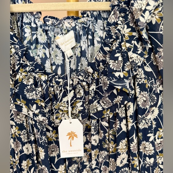 The Westside NWT Layla Navy Blue Floral Ruffle Smocked Prairie Mini Dress- Small - Picture 2 of 11